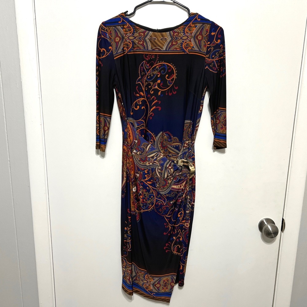 Joseph Ribkoff Paisley Faux Wrap Dress Size‎ 6 Midi Sheath Ruched Designer